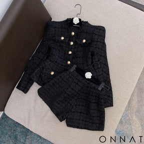 2-Piece Gold Button Tweed Jacket & Skirt Set