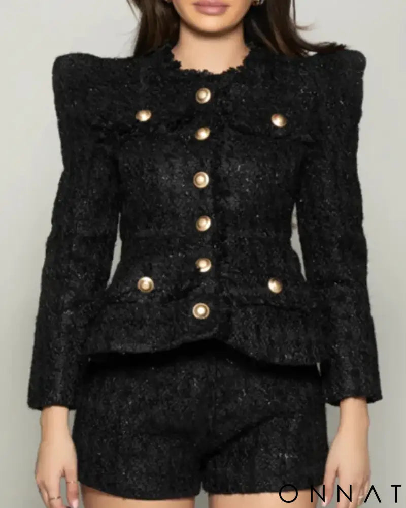 2-Piece Gold Button Tweed Jacket & Skirt Set S / Black Tweed