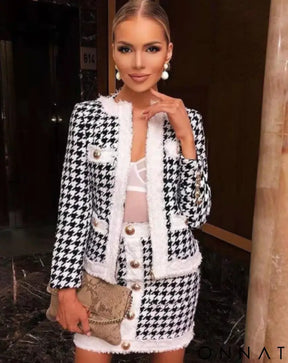 2-Piece Houndstooth Tweed Jacket & Skirt Set