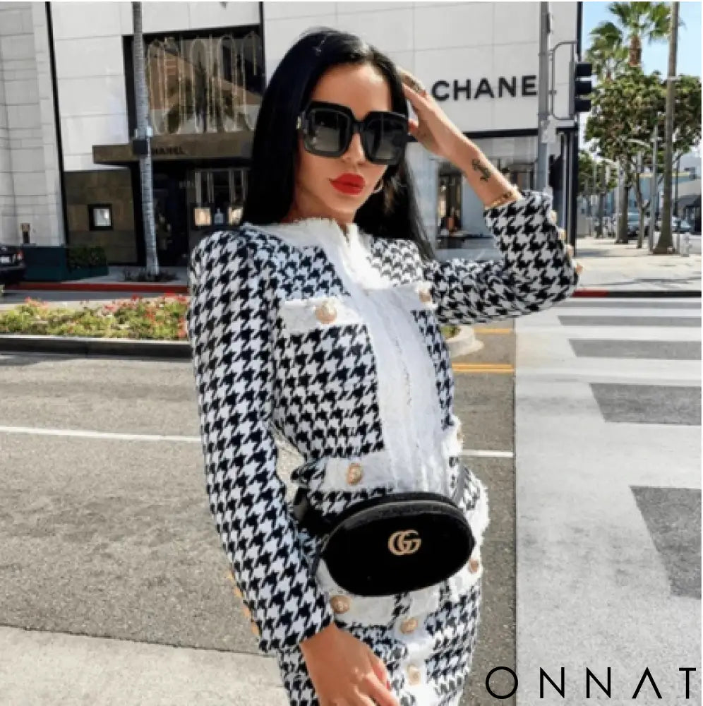 2-Piece Houndstooth Tweed Jacket & Skirt Set