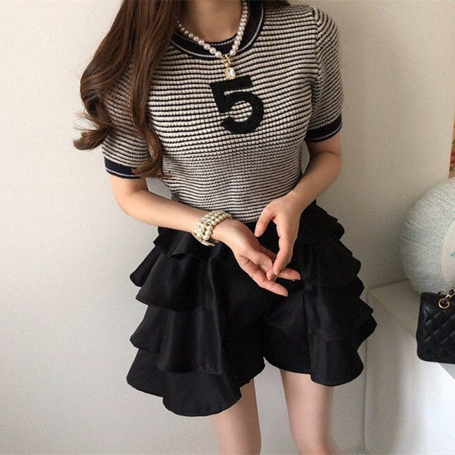 Blusas Senhora - Blusa de Malha Curta Preto e Branco Estilo Vintage para Mulher