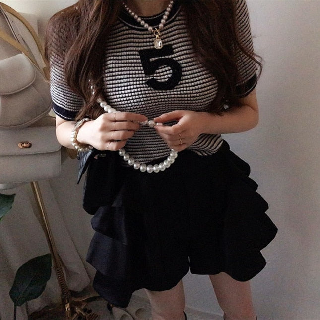 Blusas Senhora - Blusa de Malha Curta Preto e Branco Estilo Vintage para Mulher