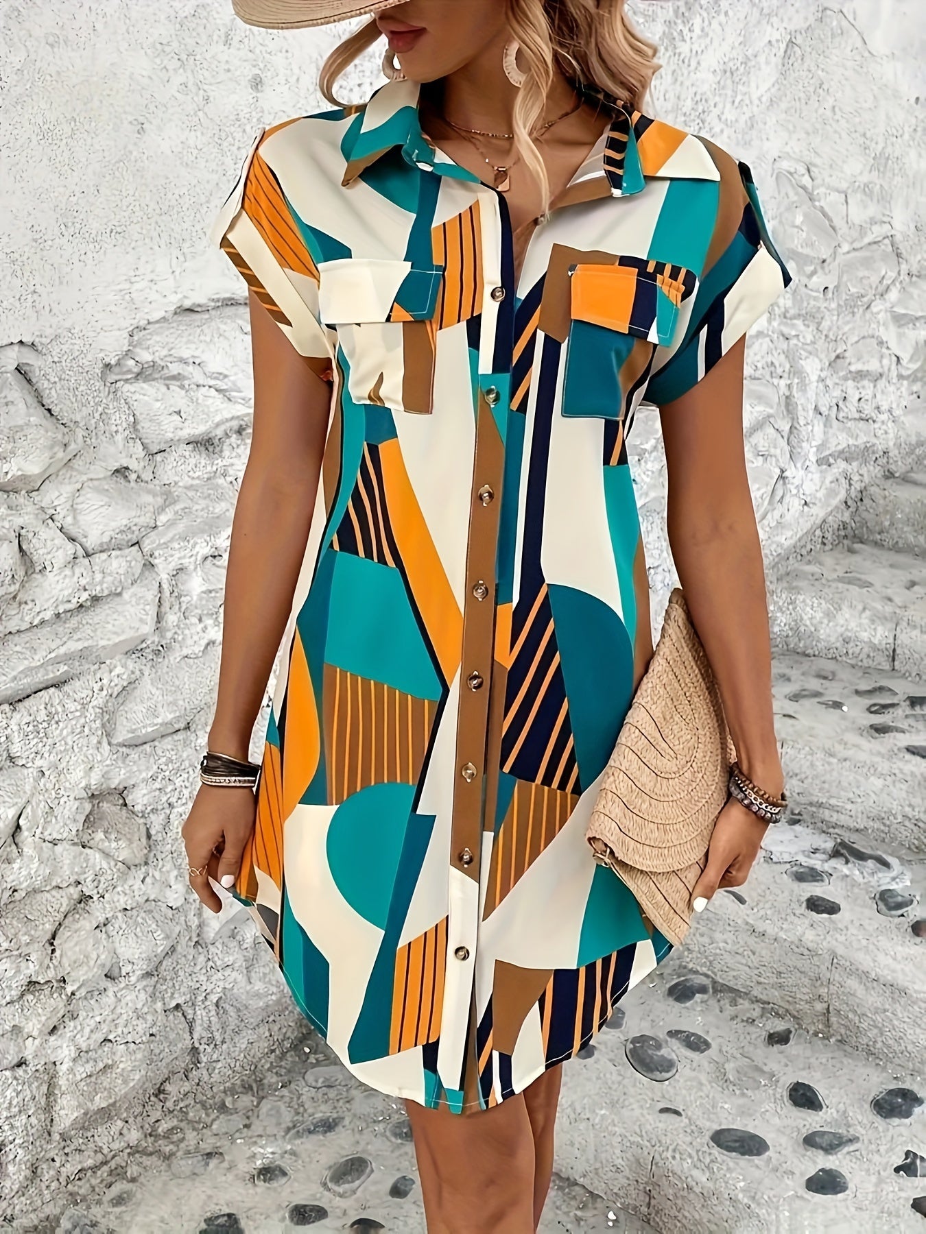 Vestido Chemise Feminino com Estampa Geométrica Moderna e Elegante