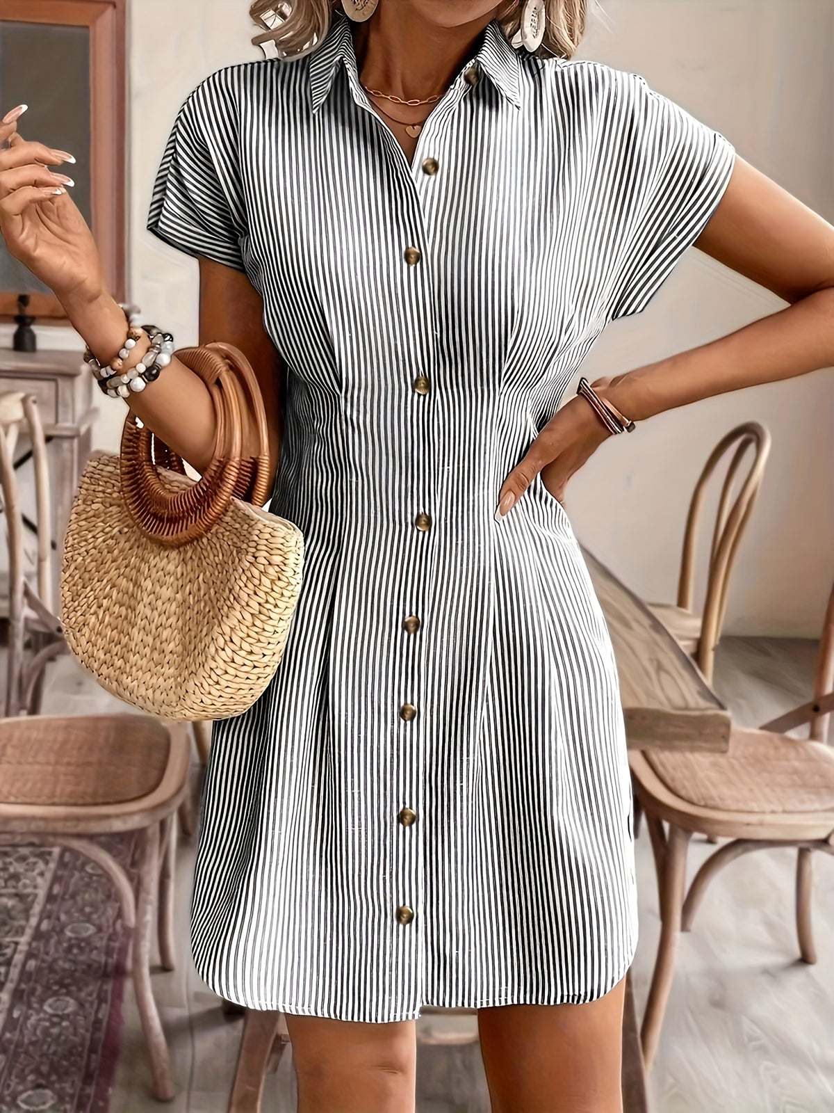 ✨ Elara Stripes – Vestido Camisa Elegante