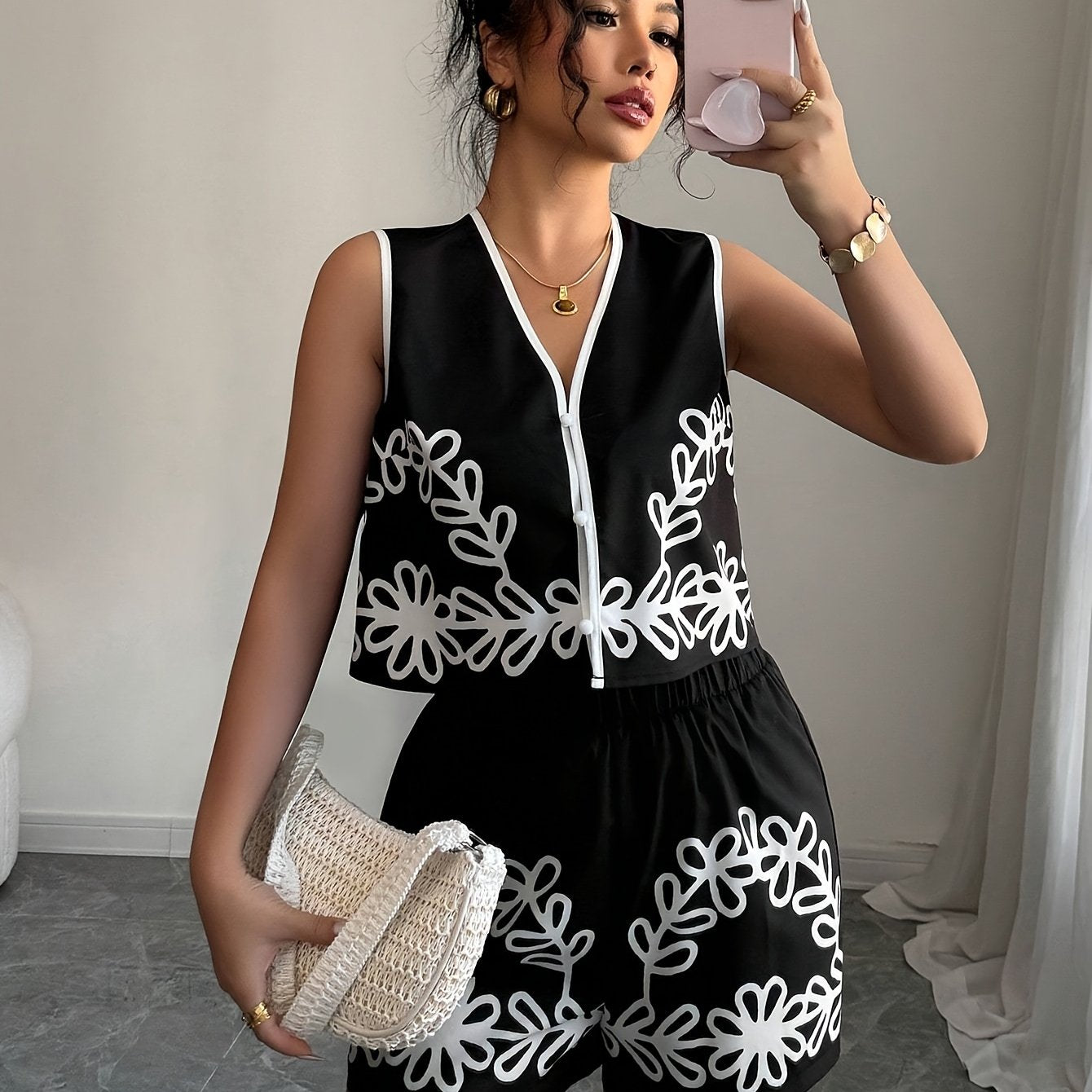 Onnat Glow Conjunto Feminino Floral | Regata Decote V + Saia Cintura Alta Preto e Branco