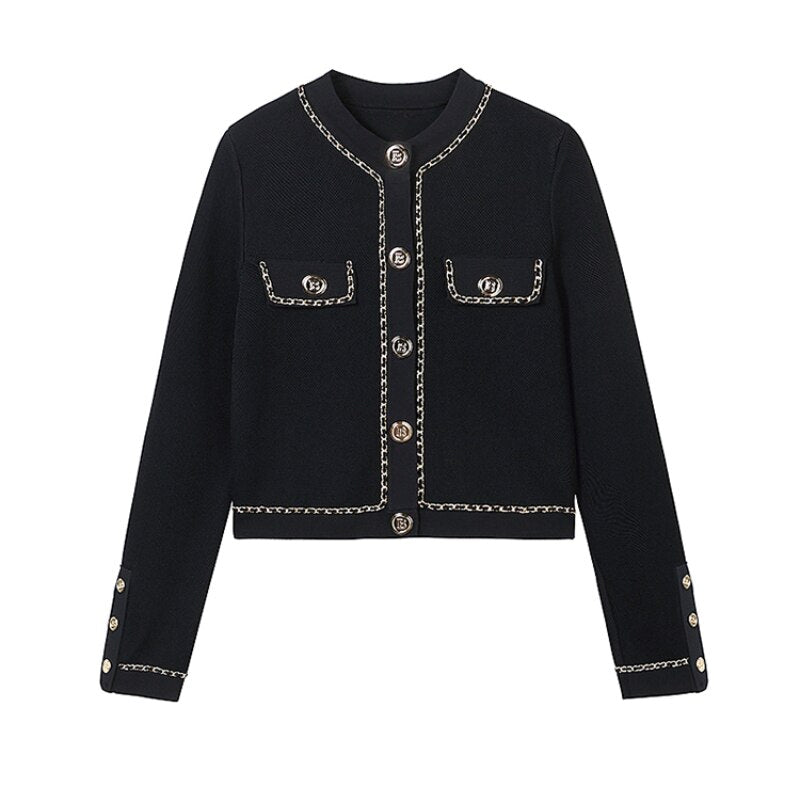 Cardigan Eliza – Elegante Cardigan Preto com Corrente e Botões Dourados