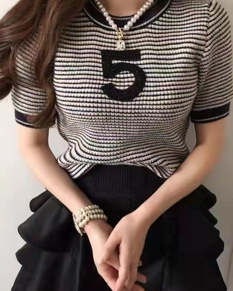 Blusas Senhora - Blusa de Malha Curta Preto e Branco Estilo Vintage para Mulher