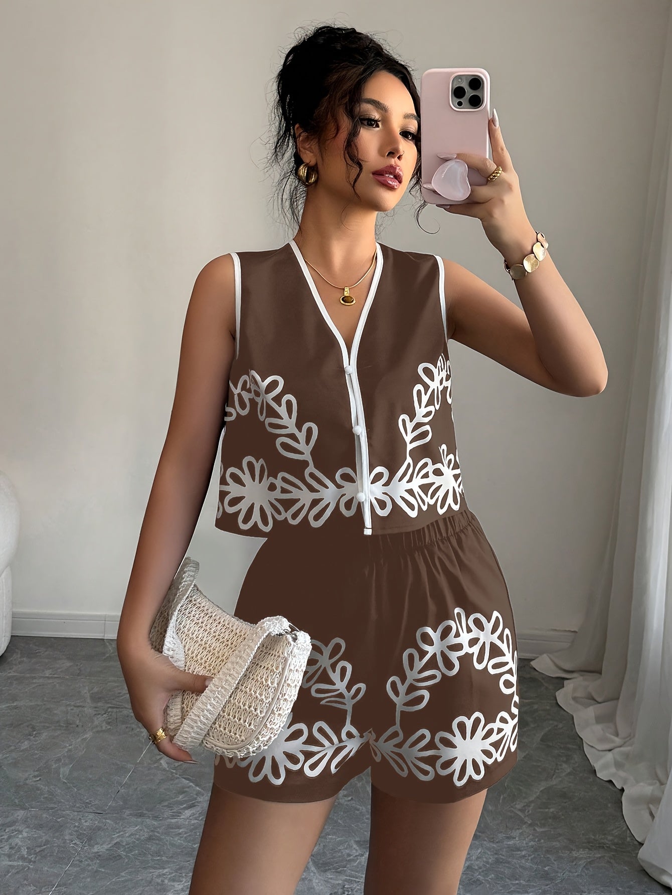 Onnat Glow Conjunto Feminino Floral | Regata Decote V + Saia Cintura Alta Preto e Branco