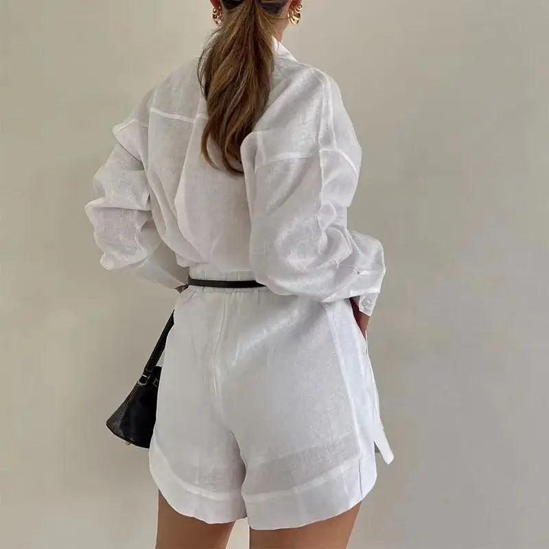 Onnat Conjunto Feminino Casual | Camisa de Botão Manga Longa + Shorts com Bolsos Conforto Verão Bege