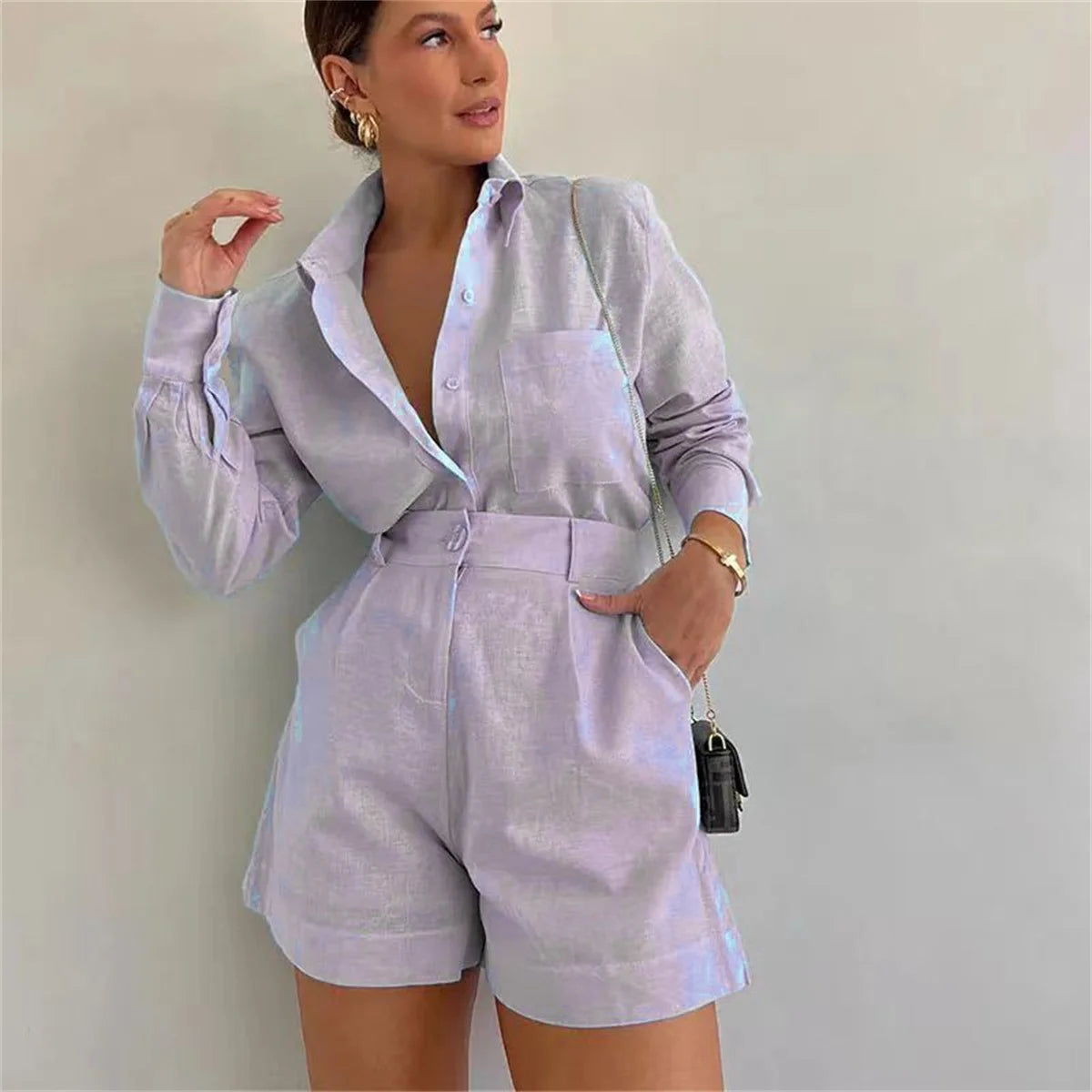 Onnat Conjunto Feminino Casual | Camisa de Botão Manga Longa + Shorts com Bolsos Conforto Verão Bege