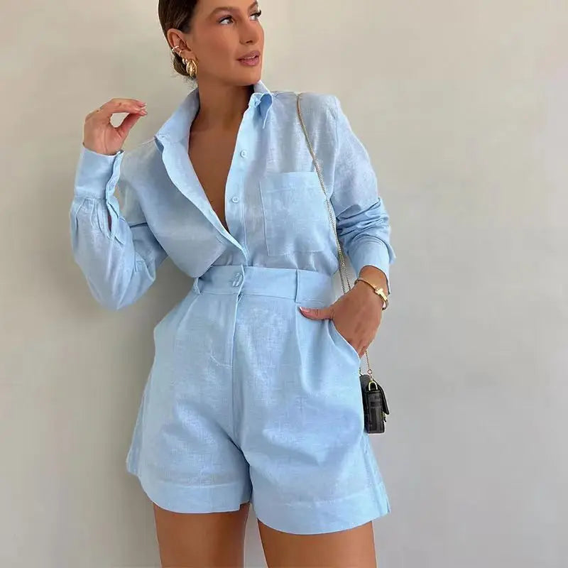Onnat Conjunto Feminino Casual | Camisa de Botão Manga Longa + Shorts com Bolsos Conforto Verão Bege