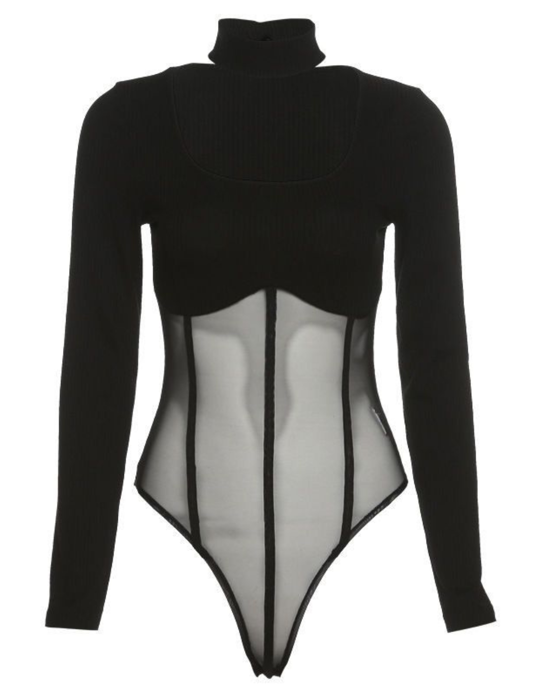 Body Preto com Corset em Tule e Gola Alta