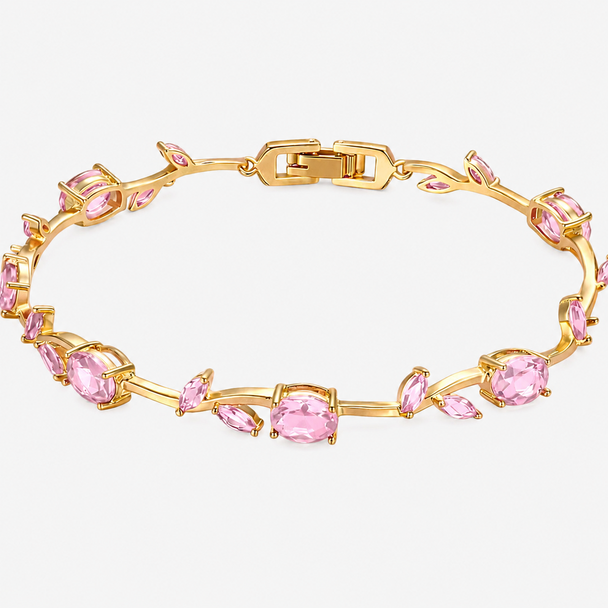 Pulseira Flora Pink com Flores e Zircônias Banhada em Ouro 18K