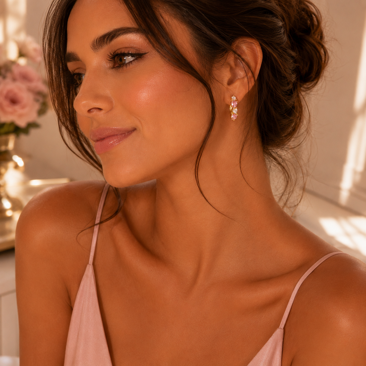 Brincos Argolas Flora Pink com Zircônias Banhadas em Ouro 18K