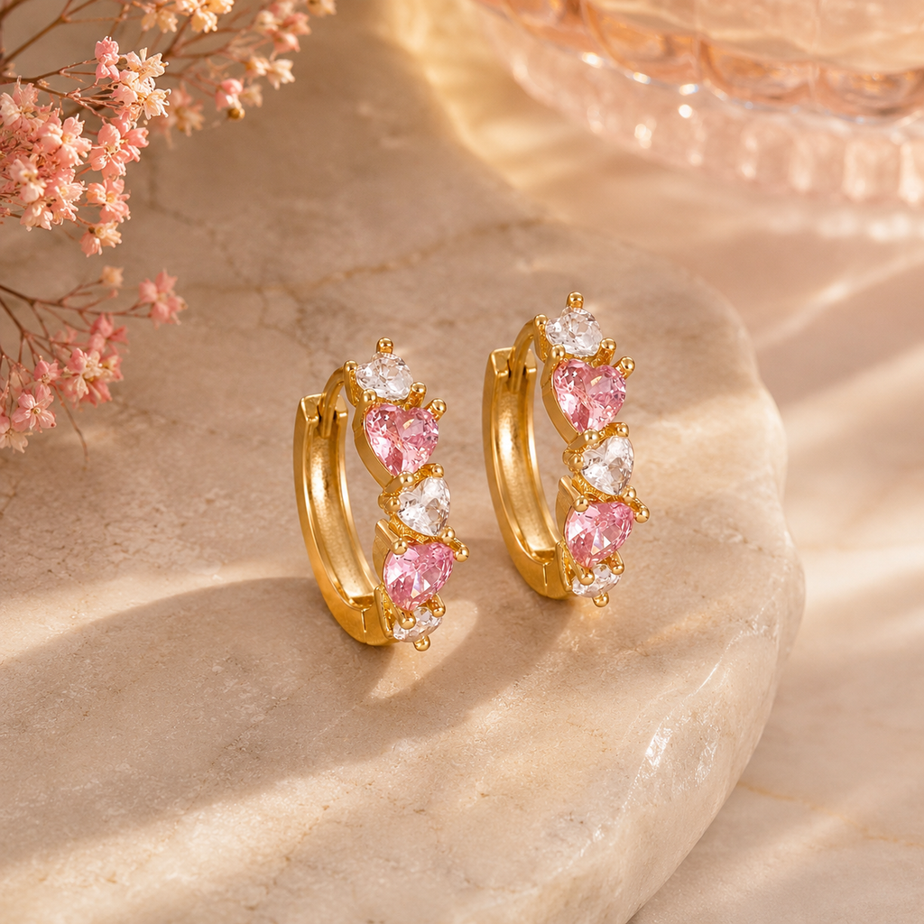 Brincos Argolas Flora Pink com Zircônias Banhadas em Ouro 18K