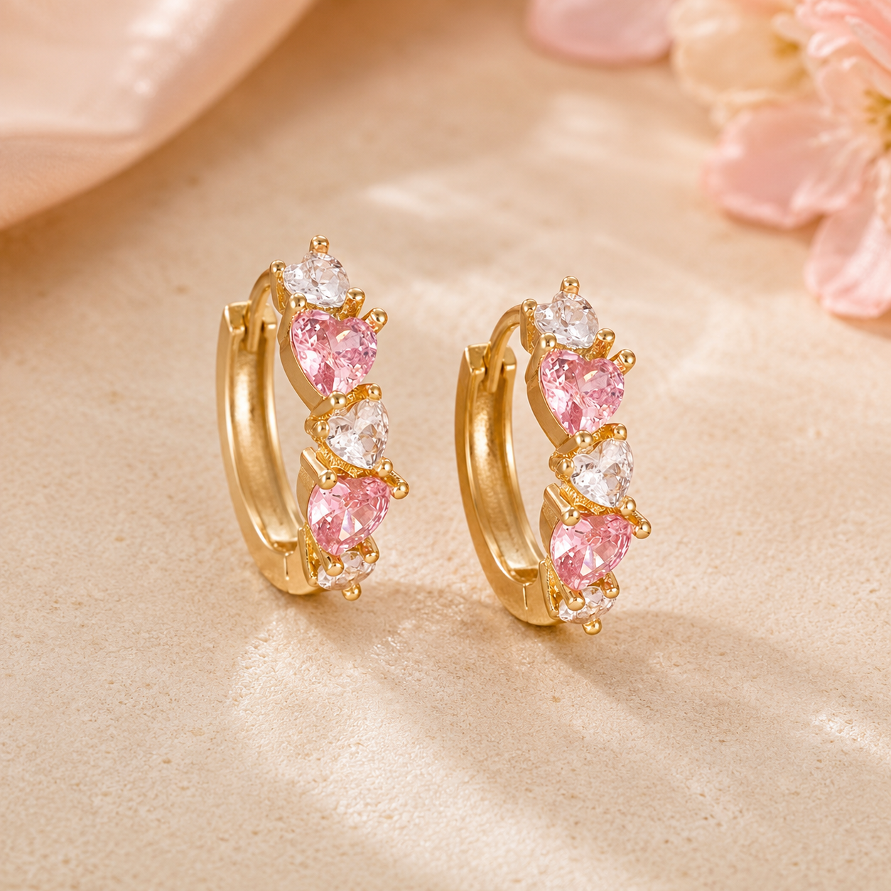Brincos Argolas Flora Pink com Zircônias Banhadas em Ouro 18K