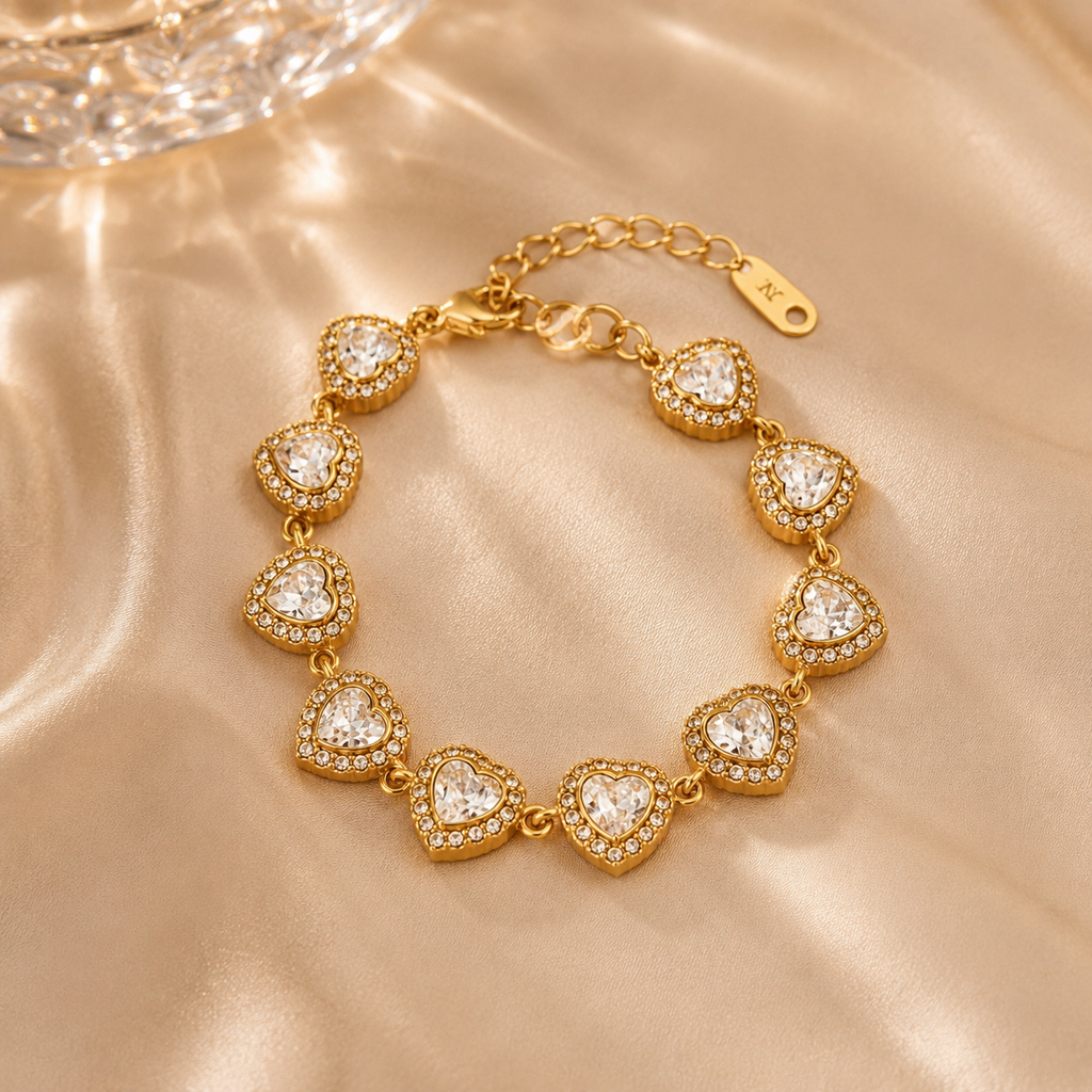 Pulseira Ariana Corações com Zircônias Banhada em Ouro 18K