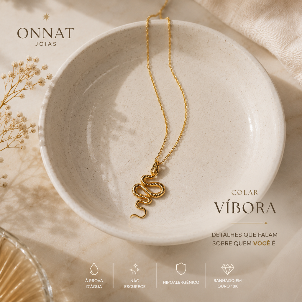 Colar Víbora Pingente Banhado em Ouro 18K