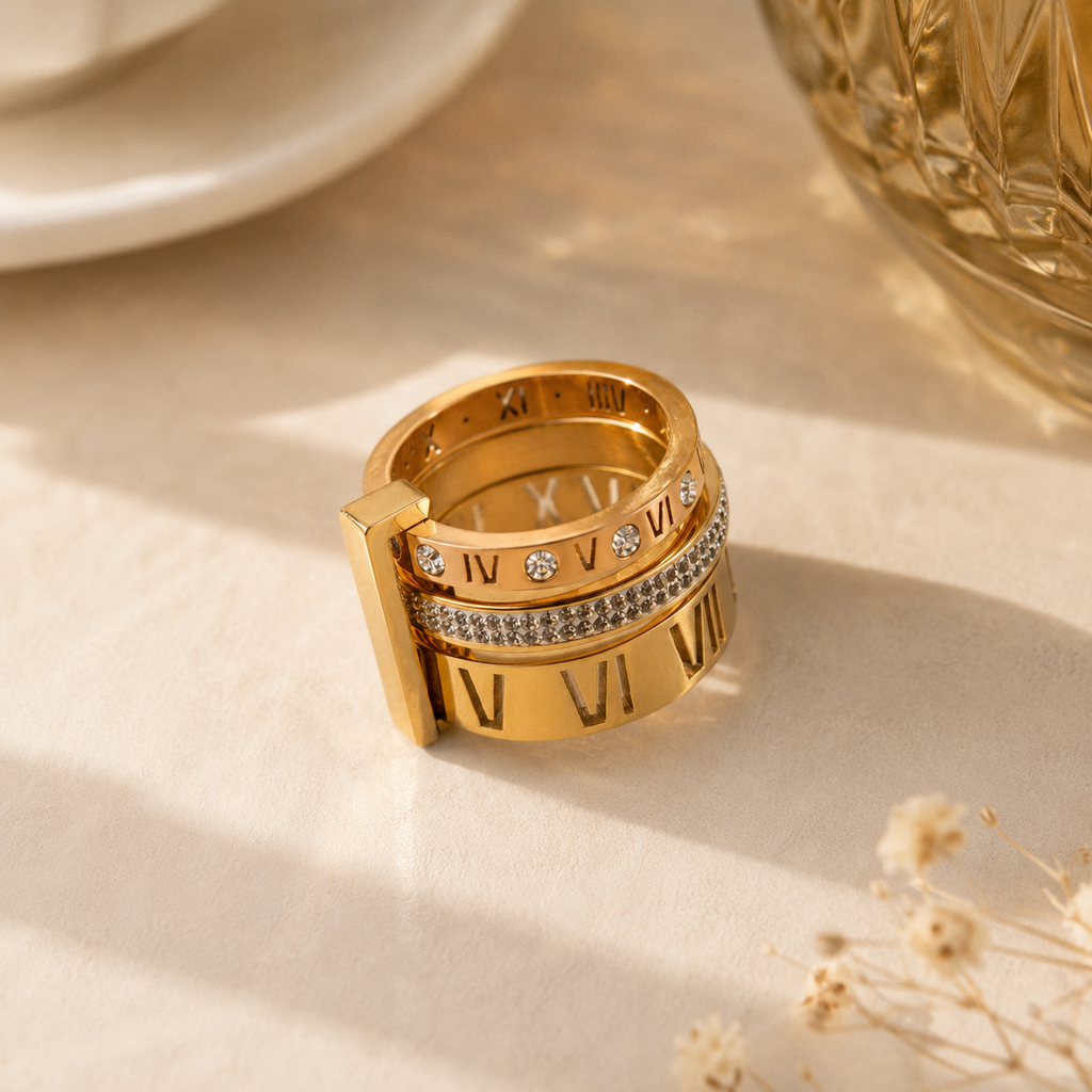 Anel Fórum Aro Triplo Romano Banhado em Ouro 18K