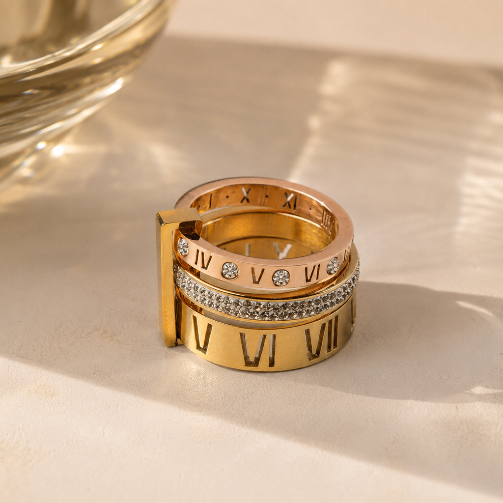 Anel Fórum Aro Triplo Romano Banhado em Ouro 18K