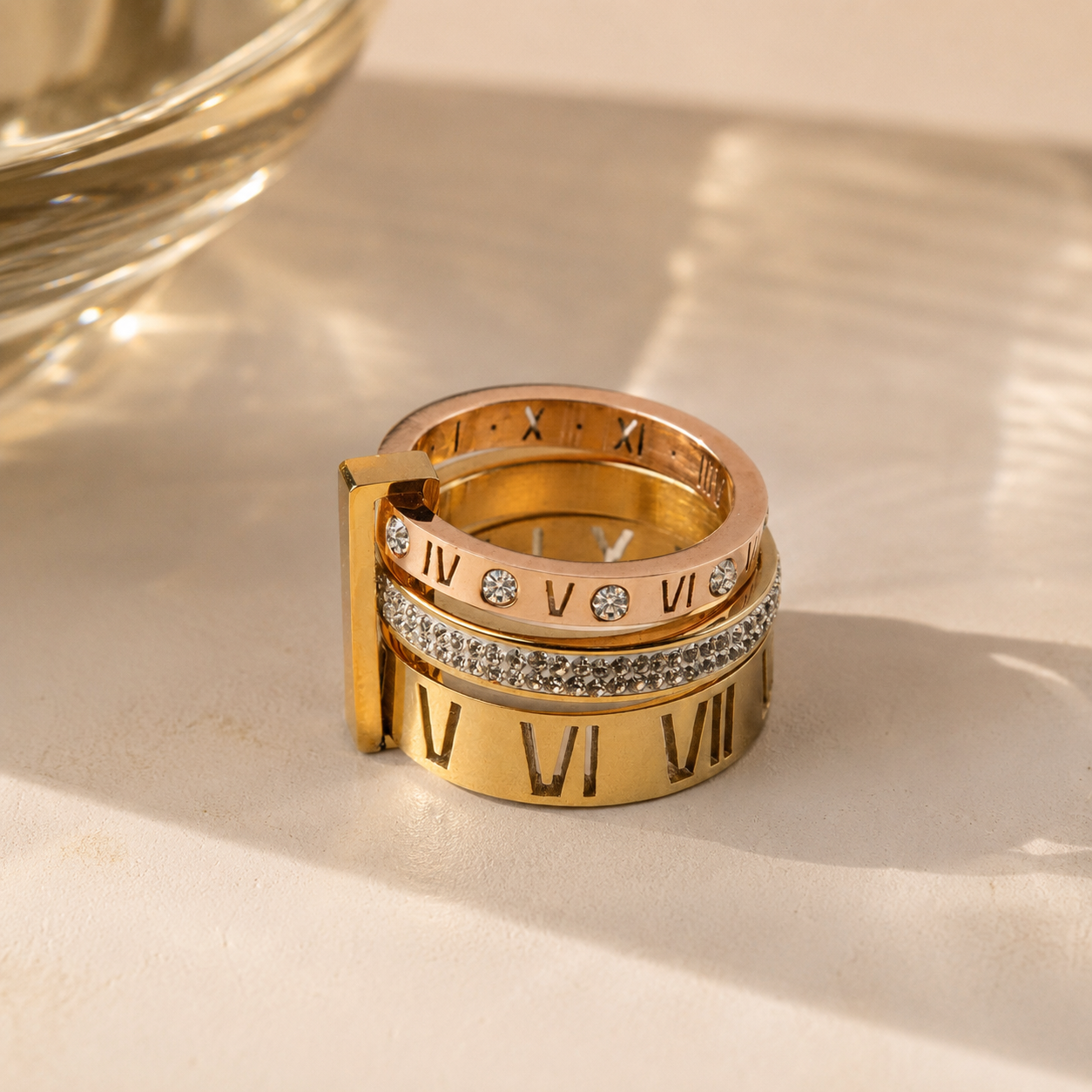 Anel Fórum Aro Triplo Romano Banhado em Ouro 18K