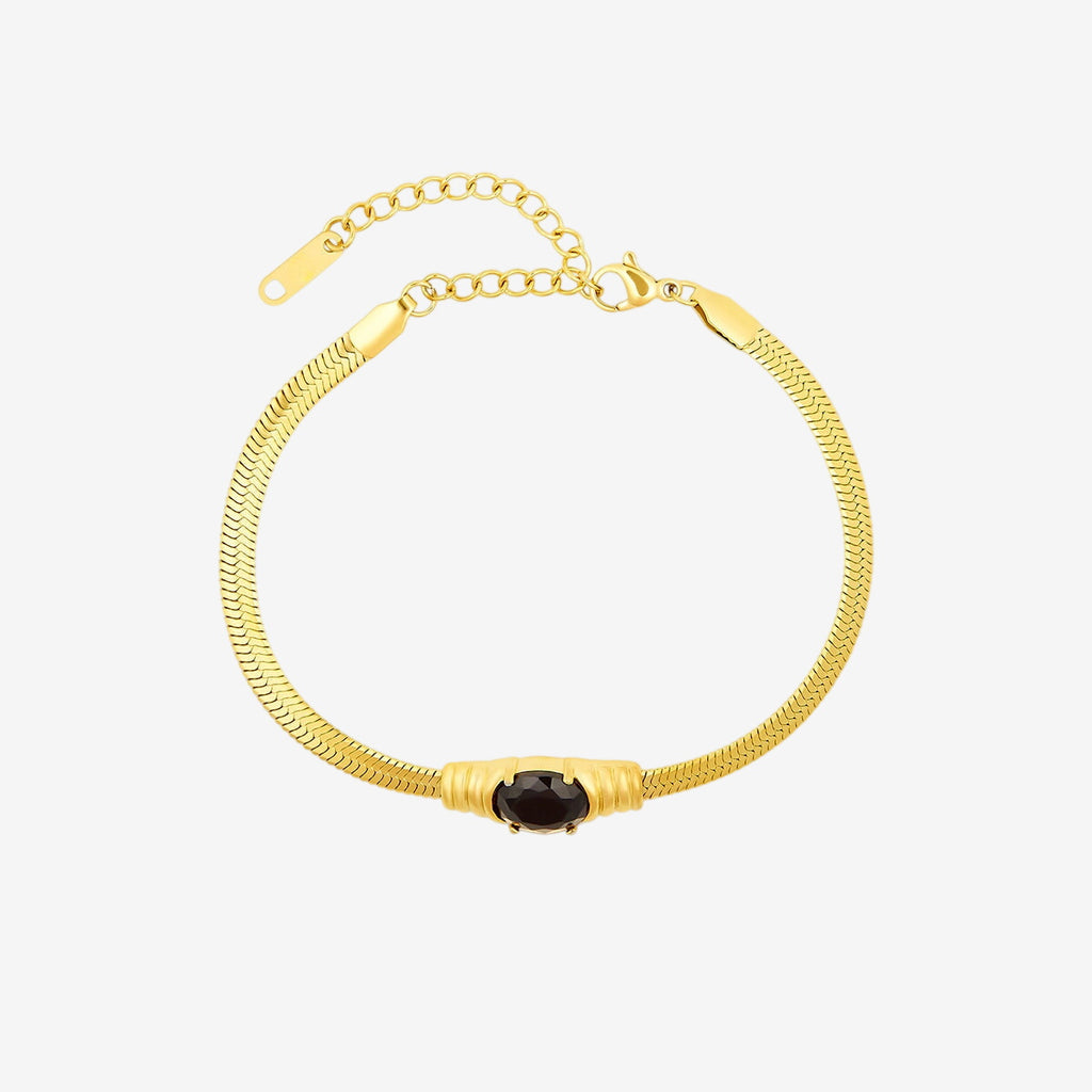 Pulseira Mykonos Malha Pedra Ônix Banhado em Ouro 18K