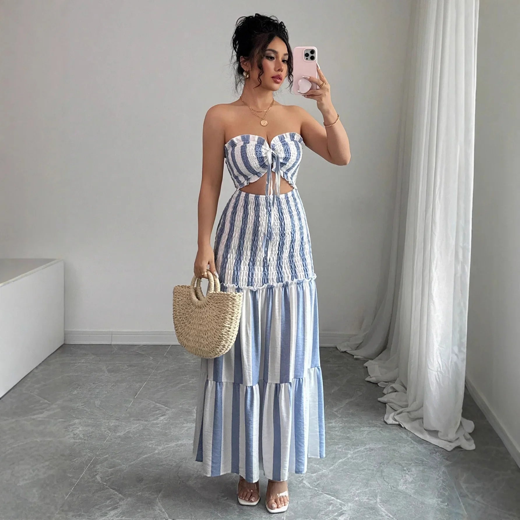 Vestido Longo Striped Elegance – Slim Fit, Estilo Sofisticado e Confortável