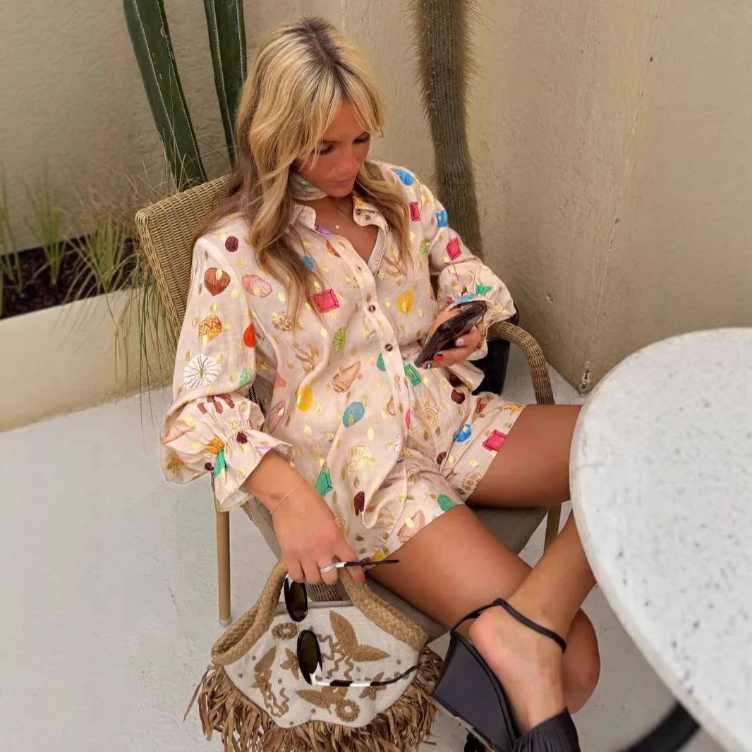 Onnat Conjunto Feminino Linho Dourado | Camisa Bordada + Saia Elegante Chic Bege