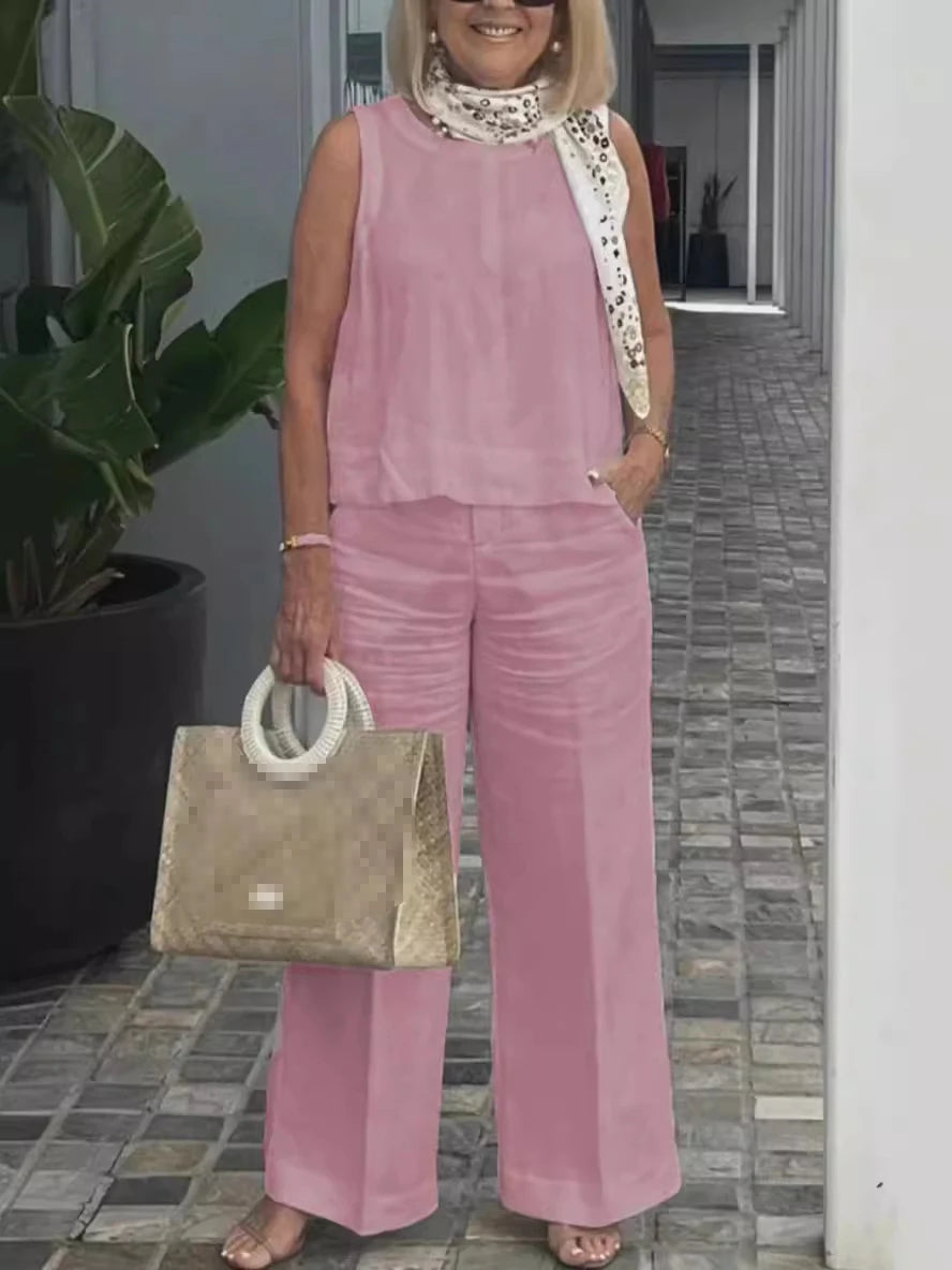 Onnat Conjunto Feminino Algodão & Linho | Blusa Sem Mangas + Calça Pantalona Verão Casual Bege