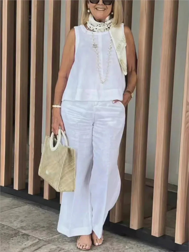 Onnat Conjunto Feminino Algodão & Linho | Blusa Sem Mangas + Calça Pantalona Verão Casual Bege