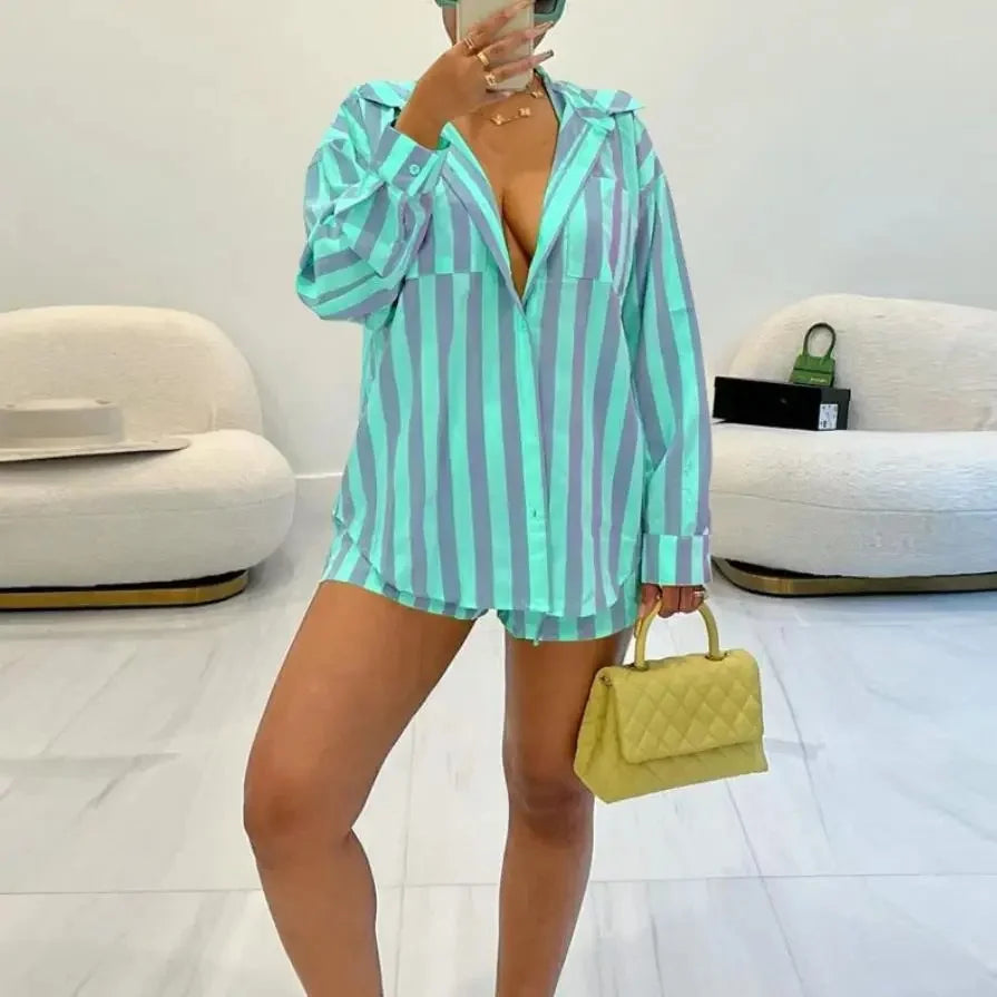 Onnat Glow Conjunto Feminino Listrado | Camisa + Shorts Soltos Estilo Chic