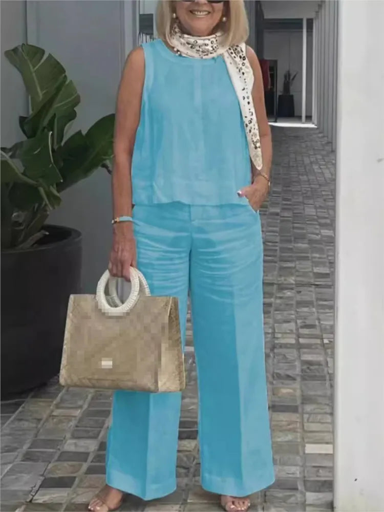 Onnat Conjunto Feminino Algodão & Linho | Blusa Sem Mangas + Calça Pantalona Verão Casual Bege