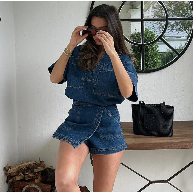Onnat Glow Conjunto Feminino Jeans | Blusa V + Saia Mini Denim Vintage