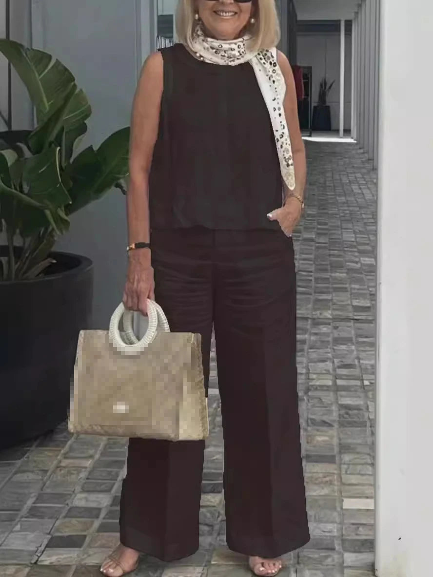 Onnat Conjunto Feminino Algodão & Linho | Blusa Sem Mangas + Calça Pantalona Verão Casual Bege