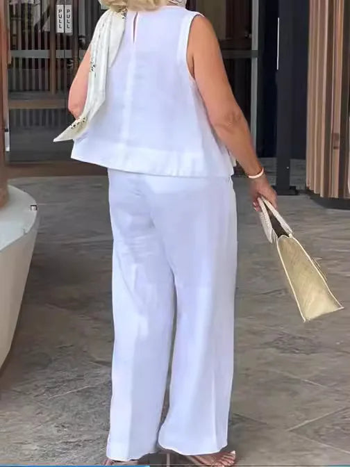 Onnat Conjunto Feminino Algodão & Linho | Blusa Sem Mangas + Calça Pantalona Verão Casual Bege