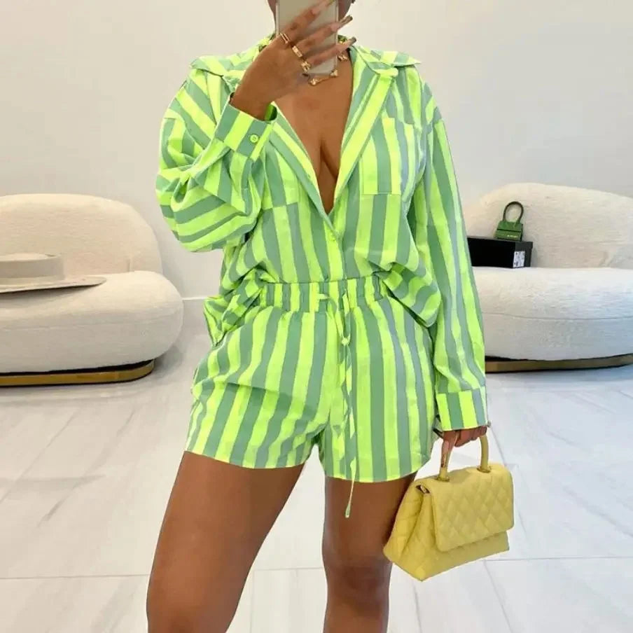 Onnat Glow Conjunto Feminino Listrado | Camisa + Shorts Soltos Estilo Chic
