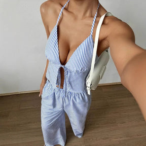 Conjunto Elegance Stripe – Blusa Cavada & Pantalona Listrada