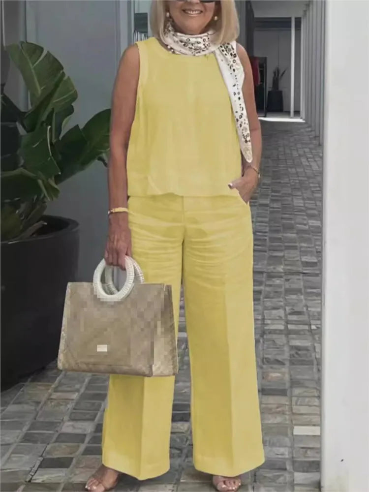 Onnat Conjunto Feminino Algodão & Linho | Blusa Sem Mangas + Calça Pantalona Verão Casual Bege