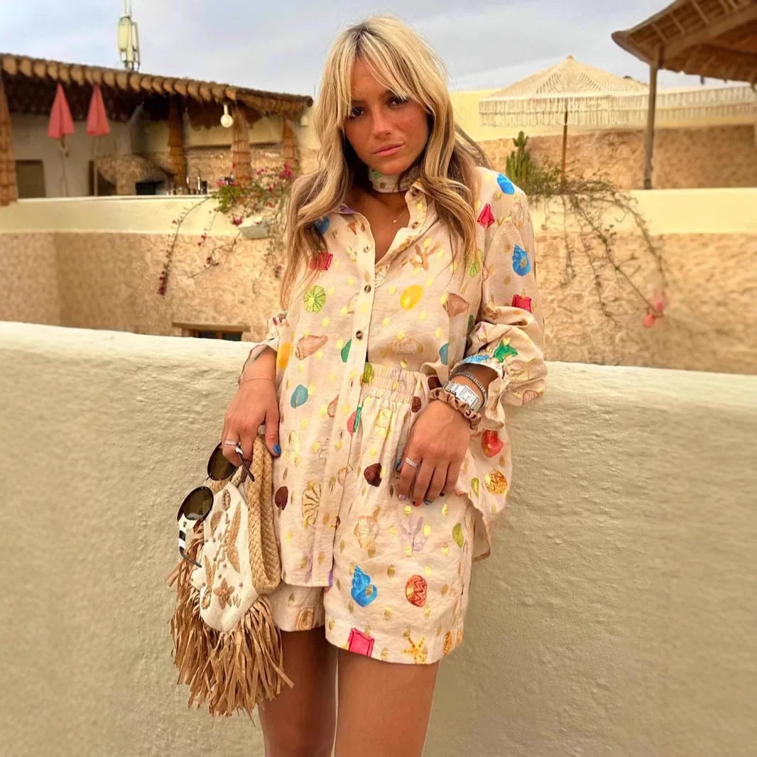 Onnat Conjunto Feminino Linho Dourado | Camisa Bordada + Saia Elegante Chic Bege