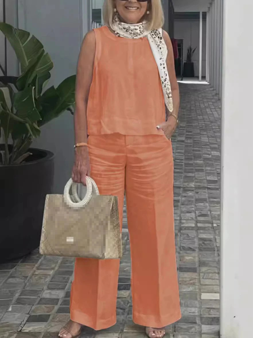 Onnat Conjunto Feminino Algodão & Linho | Blusa Sem Mangas + Calça Pantalona Verão Casual Bege