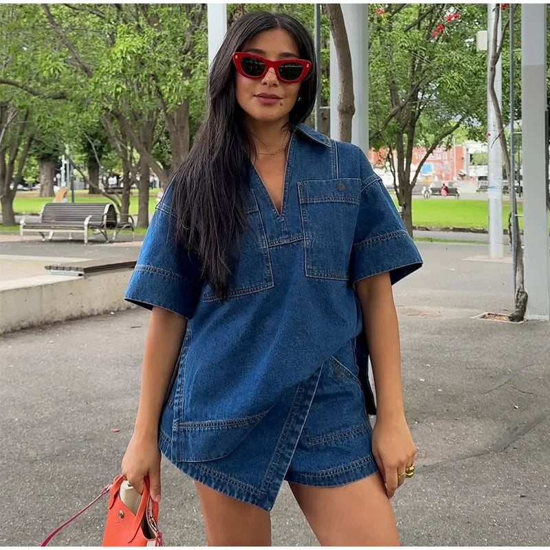 Onnat Glow Conjunto Feminino Jeans | Blusa V + Saia Mini Denim Vintage