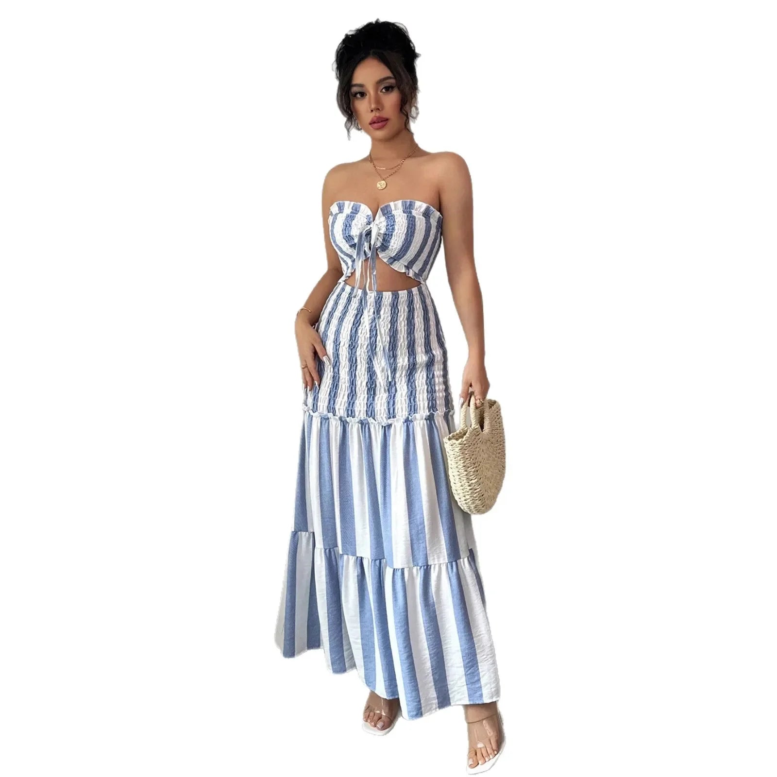 Vestido Longo Striped Elegance – Slim Fit, Estilo Sofisticado e Confortável