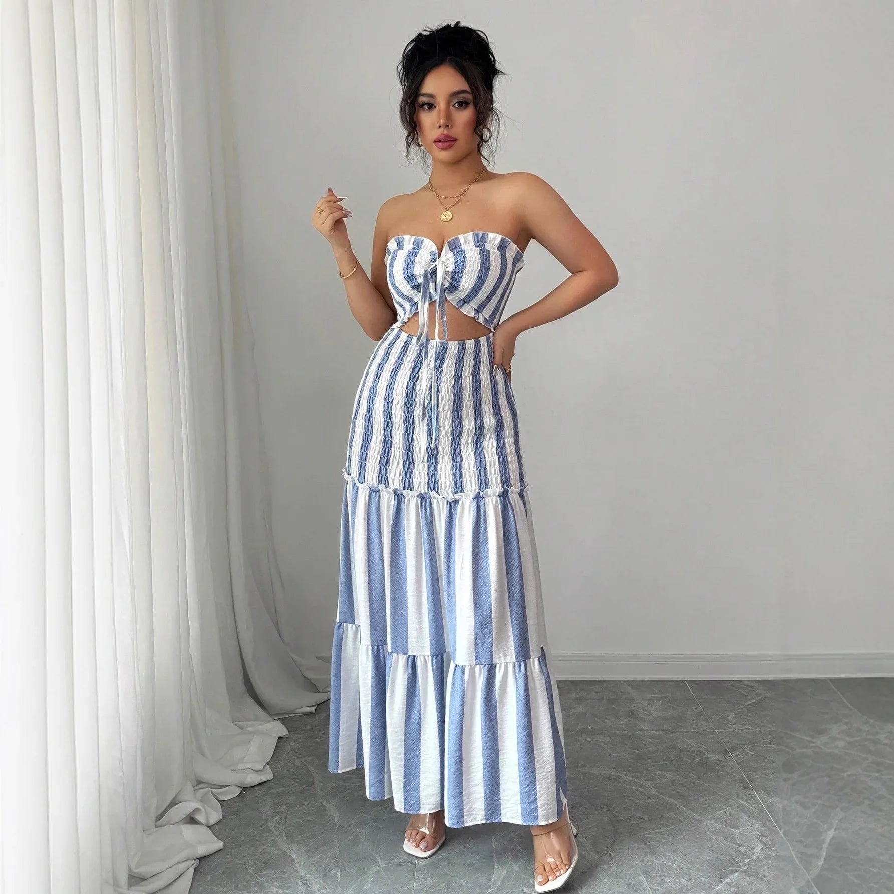 Vestido Longo Striped Elegance – Slim Fit, Estilo Sofisticado e Confortável