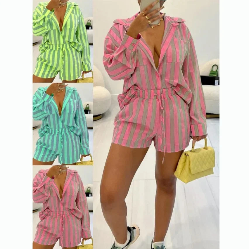 Onnat Glow Conjunto Feminino Listrado | Camisa + Shorts Soltos Estilo Chic