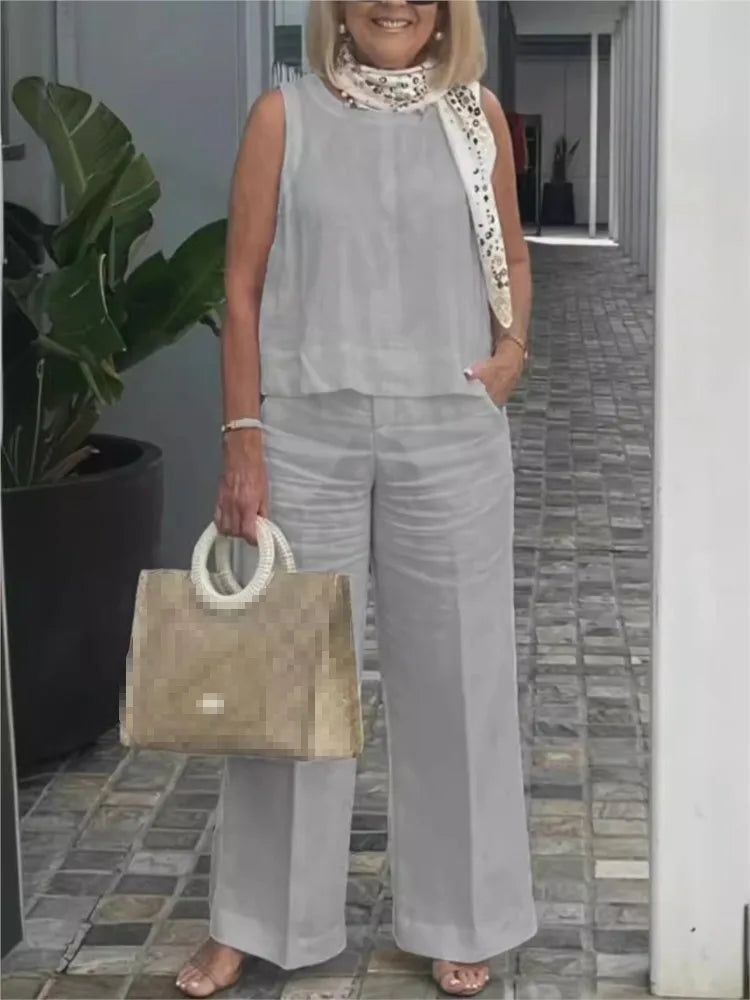 Onnat Conjunto Feminino Algodão & Linho | Blusa Sem Mangas + Calça Pantalona Verão Casual Bege