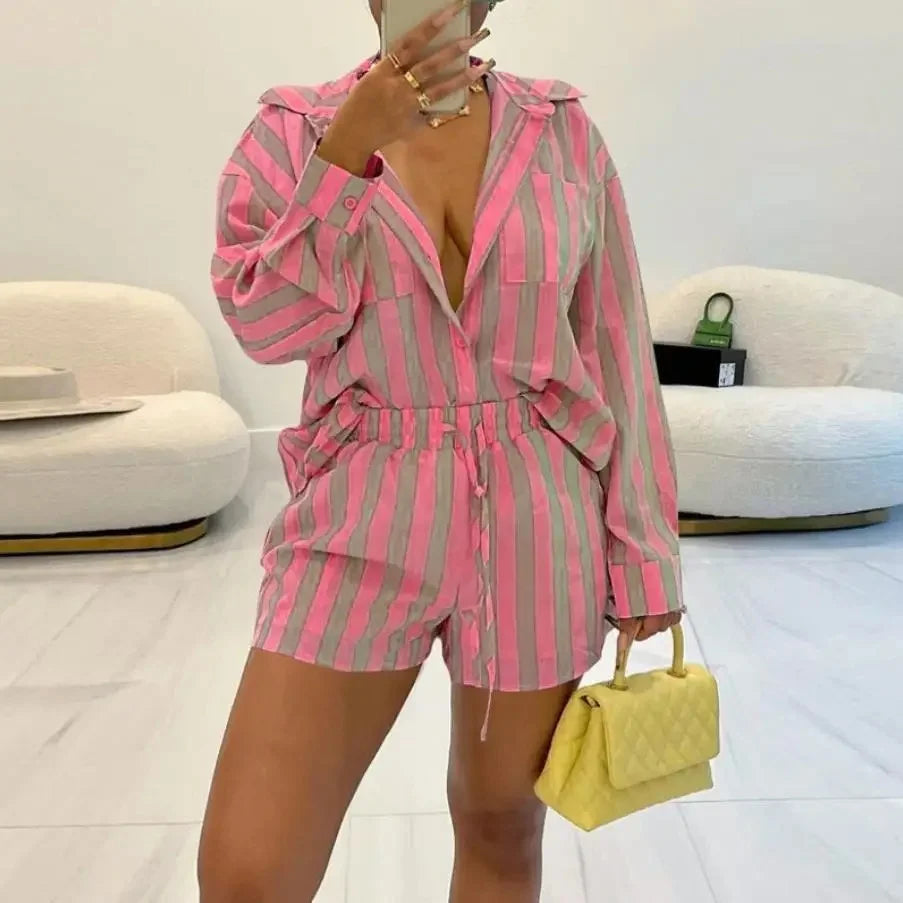 Onnat Glow Conjunto Feminino Listrado | Camisa + Shorts Soltos Estilo Chic