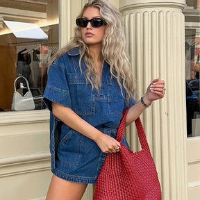 Conjunto Denim Chic – Camisa & Shorts Casual Elegante