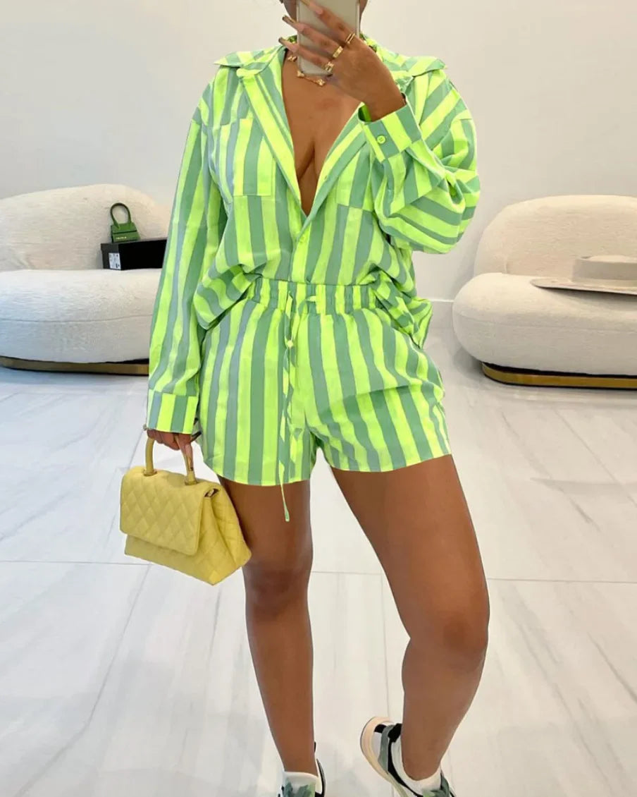 Onnat Glow Conjunto Feminino Listrado | Camisa + Shorts Soltos Estilo Chic