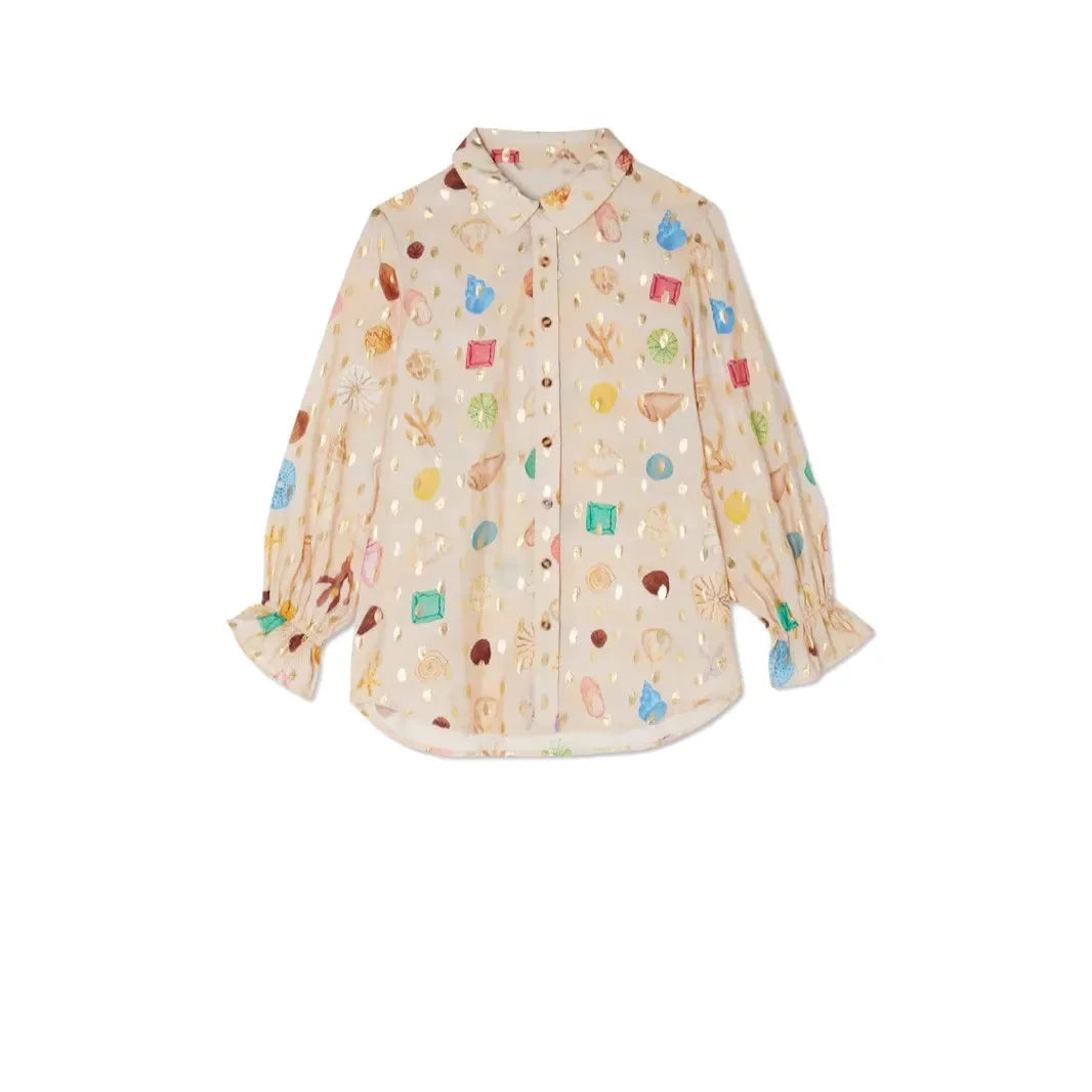 Onnat Conjunto Feminino Linho Dourado | Camisa Bordada + Saia Elegante Chic Bege