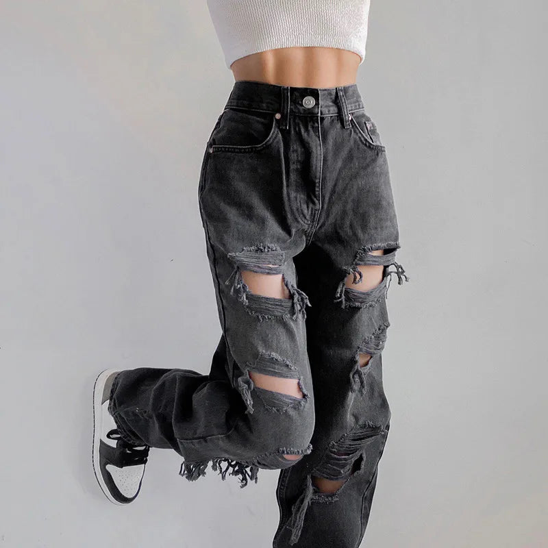Calça Feminina Jeans Reta Rasgada com Cintura Média e Conforto para Primavera e Verão